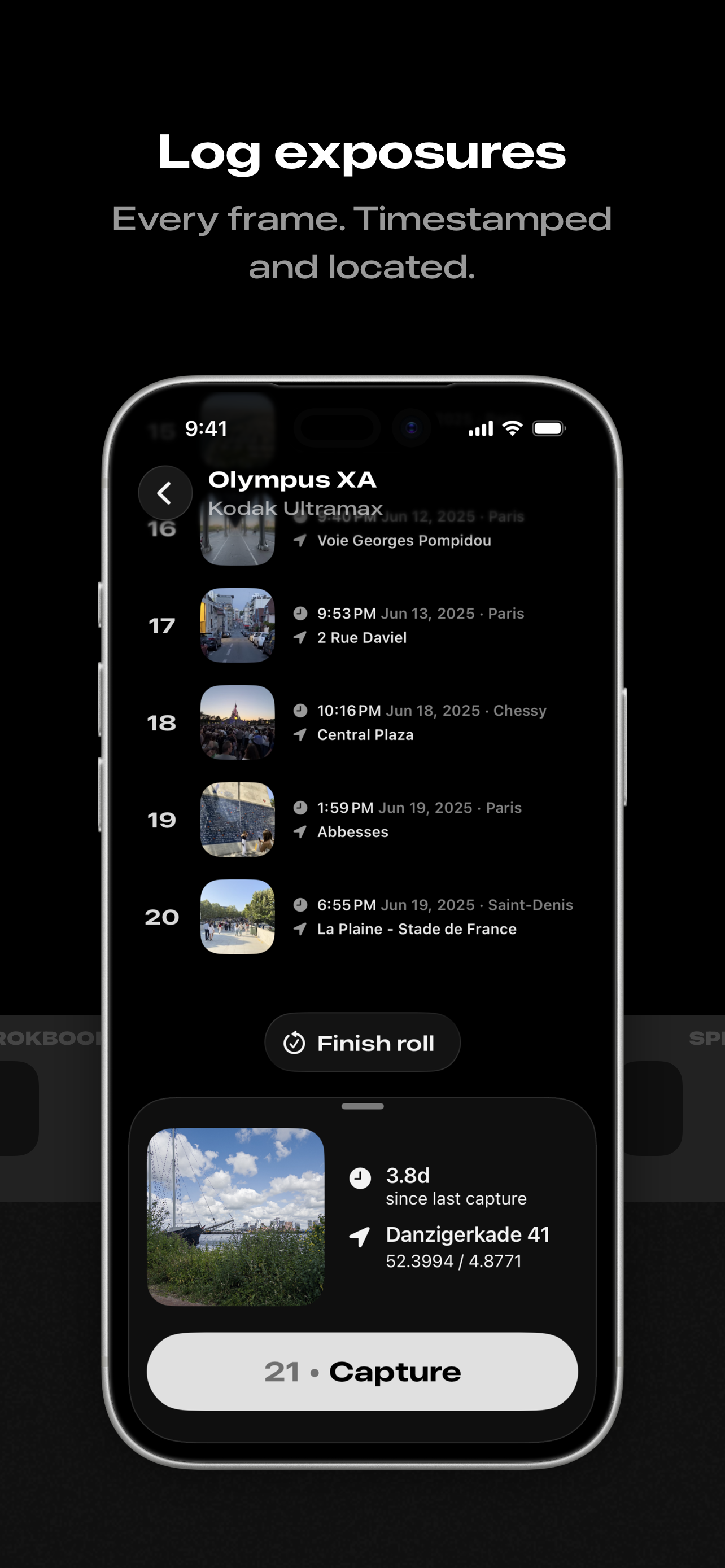 Exposure log with timestamps, locations, and reference photos